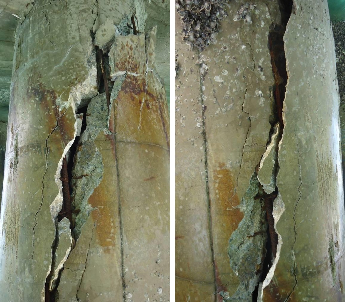 Two pile views showing concrete spalling and severe deterioration, documented in the 2014 source report.