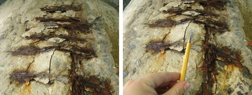 Two close-ups of reinforcement with loss of section, documented in the 2014 source report.