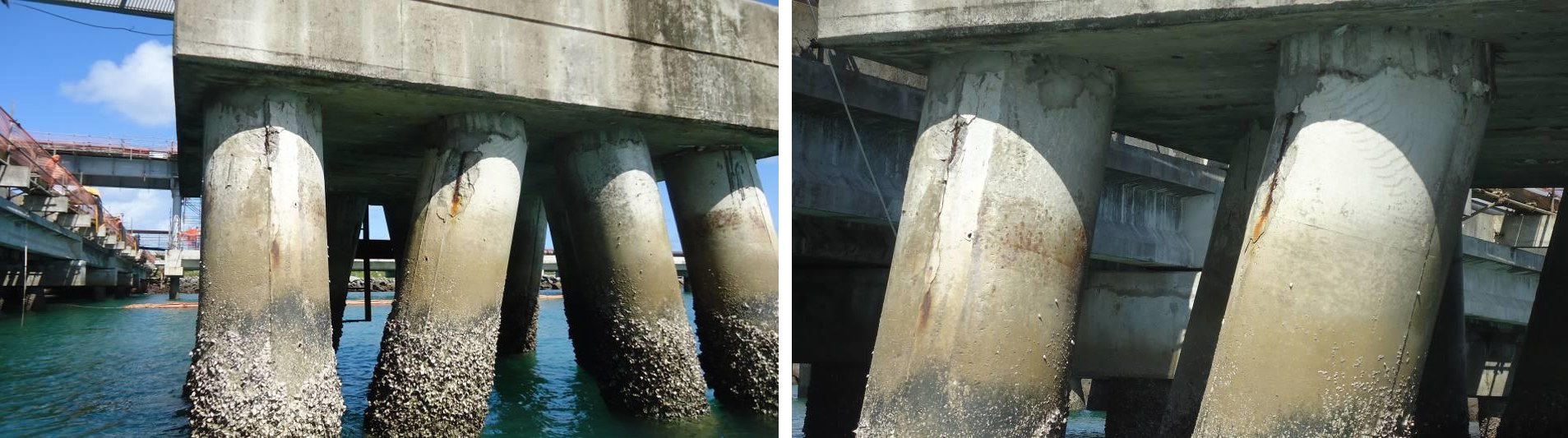 Two views of the inclined pile-to-cap connection showing the hinge-like condition documented in the 2014 source report.