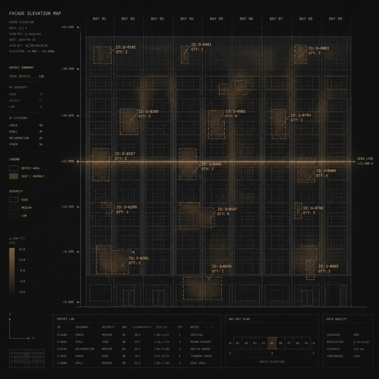 Digital façade elevation map with defect IDs, quantity markers and thermal overlay